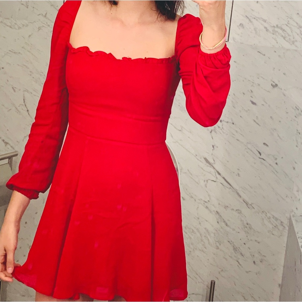 Red Reformation Mini Dress with Square Neckline and Puff Sleeves